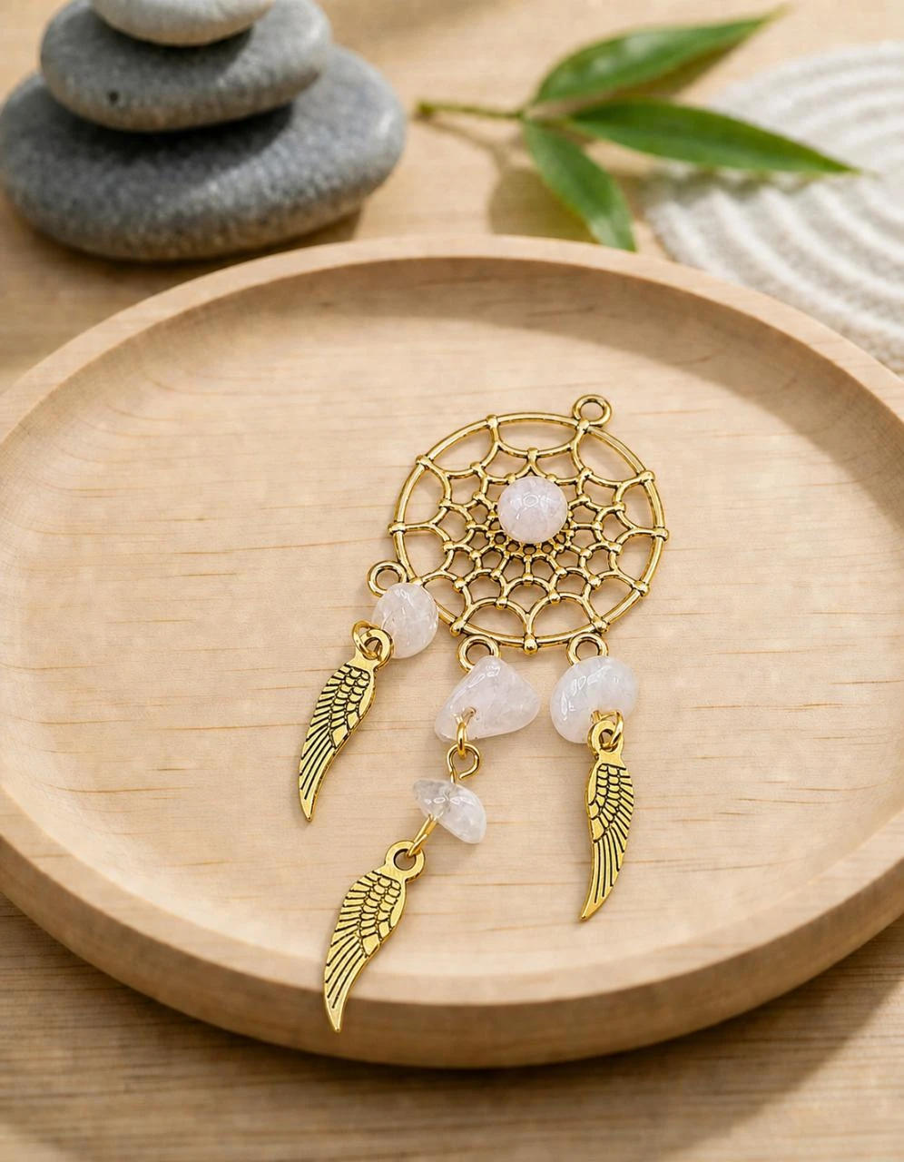 Pendentif attrape rêve doré + Quartz Rose (PEN-57)